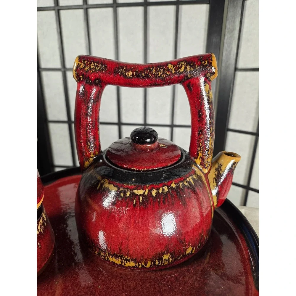 Pier 1 Shanghai Tea Set Red Black Reactive Glaze Earthenware 5 Piece Set
